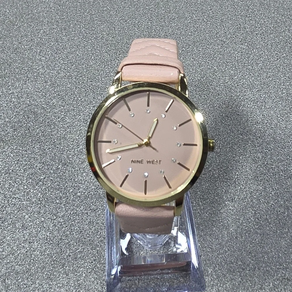 Nine West Watch Womens OS Pink Fair Quilted Strap Gold Tone Crystal Markers
